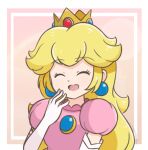  1girl artist_name blonde_hair border brooch chocomiru crown dress earrings gloves jewelry long_hair mario_(series) non-web_source pink_dress princess_peach simple_background source_request upper_body white_border white_gloves 