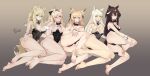  5girls absurdres animal_ears arknights aunt_and_niece barefoot black_hair black_headwear black_leotard blemishine_(arknights) blonde_hair bow bowtie breasts detached_collar highres horse_ears horse_girl horse_tail large_breasts leotard looking_at_viewer multiple_girls nearl_(arknights) platinum_(arknights) playboy_bunny siblings sisters strapless tail tierla whislash_(arknights) white_hair wrist_cuffs 