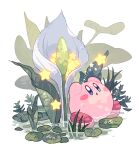  :o arms_up blue_eyes blush blush_stickers calla_lily flower grass in_water kirby kirby_(series) leaf lily_pad mutekyan no_humans open_mouth plant shallow_water simple_background sitting solo star_(symbol) water water_drop white_background white_flower 