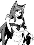  1girl animal_ears breasts bright_pupils cleavage commentary dress fang fingernails greyscale high_contrast imaizumi_kagerou large_breasts long_fingernails long_hair long_sleeves looking_at_viewer monochrome off-shoulder_dress off_shoulder onkn_sxkn open_mouth simple_background smile solo touhou wolf_ears wolf_girl 