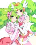  2girls bow breasts collar commentary_request crown detached_collar dress drill_hair elbow_gloves falulu forehead_jewel gloves green_hair grey_eyes half-closed_eyes headphones heart holding_hands long_hair looking_at_viewer multiple_girls muse_(rainforest) parted_bangs pink_bow pink_dress pretty_(series) pripara puffy_short_sleeves puffy_sleeves short_sleeves sidelocks simple_background sleeveless sleeveless_dress small_breasts smile tiara time_paradox twin_drills twintails white_background white_bow white_collar white_dress white_gloves wing_hair_ornament 