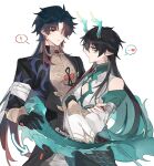  ! arrow_(symbol) bare_shoulders black_gloves black_hair black_sleeves blade_(honkai:_star_rail) chinese_clothes closed_mouth crossed_arms dan_heng_(honkai:_star_rail) detached_sleeves dragon_horns dragon_tail earrings gloves green_eyes hair_over_one_eye heart height_difference highres honkai:_star_rail honkai_(series) horns jewelry long_hair looking_at_another makeup parted_bangs pectoral_cleavage pectorals pointy_ears red_eyes spoilers standing tail twitter_username upper_body wenyue_00 white_background white_sleeves yaoi 