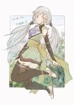  1girl ass black_thighhighs breasts closed_mouth detached_sleeves earrings from_behind full_body gensou_suikoden gensou_suikoden_tierkreis grey_eyes grey_hair highres jewelry korunosabu long_hair looking_at_viewer looking_back low_twintails marica_(suikoden_tierkreis) medium_breasts robe sash smile solo thighhighs twintails very_long_hair white_hair 