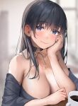  1girl absurdres black_hair blue_eyes blurry blurry_background breasts closed_mouth coffee coffee_mug commentary_request cup grey_shirt hair_behind_ear hand_on_own_cheek hand_on_own_face head_rest highres inushima large_breasts light_blush long_hair looking_at_viewer mole mole_under_mouth mug off_shoulder original paid_reward_available shirt short_sleeves smile solo upper_body 
