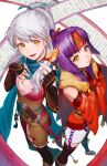  2girls :d aduti_momoyama arm_guards bare_shoulders black_gloves black_thighhighs blue_scarf breasts chest_sarashi cleavage fingerless_gloves fire_emblem fire_emblem:_radiant_dawn fire_emblem_heroes foreshortening from_above gloves hair_ribbon half-siblings hand_on_own_chest headband highres japanese_clothes long_hair long_scarf looking_at_viewer medium_breasts micaiah_(fire_emblem) micaiah_(ninja)_(fire_emblem) multiple_girls ninja official_alternate_costume official_alternate_hairstyle open_mouth ponytail purple_hair red_headband ribbon sanaki_kirsch_altina sanaki_kirsch_altina_(ninja) sarashi scarf scroll shuriken siblings sisters smile thighhighs weapon white_background white_hair yellow_eyes yune_(fire_emblem) 