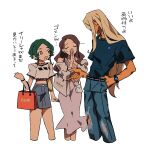  1boy 2girls :d alternate_costume bag belt black_belt blonde_hair blue_pants blue_shirt blue_skirt brown_hair casual closed_eyes commentary_request cropped_shirt denim dress green_hair grey_dress grgrton gundam gundam_suisei_no_majo hand_in_pocket holding ireesha_plano jeans jewelry long_hair looking_at_another maisie_may miniskirt multiple_girls necklace open_mouth own_hands_together pants pink_eyes shaddiq_zenelli shirt shopping_bag short_hair short_sleeves simple_background skirt smile standing t-shirt torn_clothes torn_pants translation_request watch white_background white_shirt wristwatch 