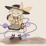  1girl black_headwear bow chibi closed_eyes digging green_skirt highres komeiji_koishi light_green_hair long_sleeves open_mouth relief shovel simple_background skirt solo sweat sweatdrop sweater touhou yellow_bow yellow_sweater zunusama 