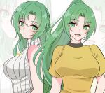  2girls bare_shoulders blush breasts cowboy_shot green_eyes green_hair highres higurashi_no_naku_koro_ni large_breasts long_hair multiple_girls multiple_views ponytail ribbed_sweater shirt siblings simple_background sleeveless sleeveless_sweater smile sonozaki_mion sonozaki_shion sweater teeth turtleneck turtleneck_sweater twins upper_body upper_teeth_only white_background white_sweater yellow_shirt yuno_ff zoom_layer 