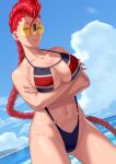  1girl crimson_viper glasses highres looking_at_viewer ocean ponytail red_hair street_fighter street_fighter_iv_(series) swimsuit yagi2013 