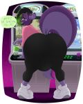  &lt;3 absurd_res anthro arcade arcade_machine beverage big_butt big_tail bubble_tea bulge butt clothing ear_piercing english_text facial_piercing footwear green_eyes grey_clothing grey_leggings grey_legwear hair hi_res inimus leggings legwear lip_piercing looking_at_viewer looking_back male multicolored_body multicolored_hair nose_piercing piercing pink_clothing pink_sweater pink_topwear purple_body shoes smile solo sweater tail text tongue tongue_piercing topwear two_tone_body two_tone_hair wide_hips 