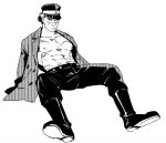  1boy abs aoi_(husiginokuninoa) bara bare_pectorals boots expressionless full_body golden_kamuy hat hat_over_one_eye invisible_chair jacket jacket_on_shoulders kepi large_pectorals male_focus military_hat muscular muscular_male navel pants pectorals scar scar_on_chest scar_on_face scar_on_mouth scar_on_nose short_hair sitting solo spread_legs sugimoto_saichi 