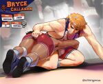  2boys ass_grab black_footwear blurry blurry_background bryce_callahan character_request grabbing_another&#039;s_ass groping highres jock_studio_(blits_games) male_focus multiple_boys on_floor orange_hair people schlonganiza shoes short_hair socks twitter_username white_socks wrestling_outfit 