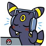  1:1 2023 3_fingers ambiguous_gender blush blush_stickers computer digital_media_(artwork) eeveelution emanata endwl eyes_closed feral fingers fur generation_2_pokemon grey_body grey_fur headphones icon laptop listening_to_music nintendo paws pokemon pokemon_(species) solo umbreon yellow_body yellow_fur 