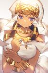  1girl armlet bare_shoulders black_hair breasts dark-skinned_female dark_skin egyptian egyptian_clothes eye_of_horus forehead_jewel gold hair_tubes hajime_daijo hands_up ishizu_ishtar large_breasts long_hair millennium_necklace purple_eyes solo vambraces veil yu-gi-oh! yu-gi-oh!_duel_monsters 