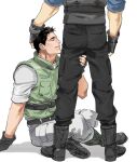  2boys albert_wesker belt black_belt black_gloves black_hair black_pants blue_shirt boots chris_redfield closed_eyes fingerless_gloves gloves green_vest grey_pants male_focus multiple_boys pants resident_evil resident_evil_1 shirt short_hair simple_background sitting smile solo_focus tatsumi_(psmhbpiuczn) vest white_background white_shirt yaoi 