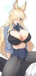  1boy 1girl animal_ear_fluff animal_ears black_bra black_panties black_pants blonde_hair blue_archive blue_eyes blue_shirt blue_skirt blush bra breasts cleavage commentary grey_pantyhose kanna_(blue_archive) large_breasts long_hair long_sleeves miniskirt mouth_hold nose_blush open_clothes open_shirt panties panties_under_pantyhose pants pantyhose radioneet shirt simple_background skirt solo_focus teeth_hold underwear very_long_hair white_background white_shirt 
