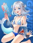  1girl :d bangs bare_shoulders bikini blue_background blue_eyes commentary gawr_gura grey_hair hamonji highres hololive hololive_english jacket long_hair long_sleeves navel off_shoulder open_clothes open_jacket open_mouth sharp_teeth sitting smile solo stomach striped striped_bikini swimsuit teeth thighs two_side_up wariza 