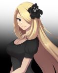  1girl alternate_costume black_dress black_flower blonde_hair breasts cleavage closed_mouth commentary_request cynthia_(pokemon) dress eyelashes flower from_side gradient_background grey_eyes hair_flower hair_ornament hair_over_one_eye highres long_hair looking_at_viewer looking_to_the_side naelle_(pkmn_realidea) pokemon pokemon_(game) pokemon_dppt short_sleeves smile solo 