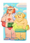  2boys :d abs arm_hair bara bare_pectorals belly bulge chernobog_(housamo) chest_hair chest_tuft collared_shirt cu_sith_(housamo) curled_horns daisukebear eyewear_on_head facial_hair food food_print forked_eyebrows fruit full_body furry furry_male glowing_horns goatee hawaiian_shirt holding holding_food holding_ice_cream holding_innertube horns ice_cream innertube large_pectorals leg_hair looking_ahead male_focus male_swimwear mature_male multiple_boys muscular muscular_male mutton_chops neck_fur nipples open_clothes open_shirt pectorals pink_fur plump red_male_swimwear shirt short_hair sideburns slippers smile standing sunglasses thick_eyebrows tokyo_afterschool_summoners topless_male tusks watermelon watermelon_print watermelon_slice 