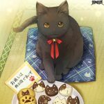  bell black_cat cat cookie copyright_name dairoku_ryouhei food hiwatari_bon indoors jingle_bell looking_at_viewer neck_ribbon no_humans pillow plate red_ribbon ribbon tatami yellow_eyes 