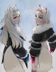  2girls alohamikan animal_ear_fluff animal_ears black_jacket blonde_hair blue_eyes blue_hair cropped_jacket dog_ears dog_girl dog_tail fur-trimmed_jacket fur_trim fuwawa_abyssgard hair_ornament hairpin highres hololive hololive_english jacket long_hair looking_at_viewer looking_back medium_hair mococo_abyssgard multicolored_hair multiple_girls pink_eyes pink_hair short_shorts shorts siblings sisters skirt skirt_set streaked_hair tail twins virtual_youtuber white_shorts white_skirt x_hair_ornament 