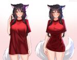  1girl ahri_(league_of_legends) animal_ears arm_at_side arm_behind_back artist_name black_hair blush breasts closed_mouth collarbone contrapposto covered_navel cowboy_shot facial_mark fox_ears fox_girl fox_tail gradient_background hair_between_eyes hand_in_own_hair highres large_breasts league_of_legends lips long_hair looking_at_viewer looking_away meme multiple_views naked_shirt oversized_clothes pajamas_challenge_(meme) parted_lips red_shirt roychan_art shirt shirt_overhang short_sleeves smile swept_bangs tail tsurime whisker_markings yellow_eyes 