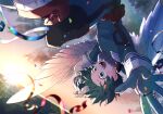  1boy angel_wings aqua_bodysuit aqua_gloves arms_up belt belt_pouch birthday bloom blurry blurry_foreground blush boku_no_hero_academia chromatic_aberration cloud cloudy_sky confetti cross-laced_footwear depth_of_field dutch_angle feathered_wings floating_hair flying foot_out_of_frame freckles from_side gloves gradient_sky green_eyes green_hair hand_on_own_head happy highres horizon knee_up light looking_ahead male_focus midair midoriya_izuku nao_(n_sai_ao) ocean open_hand open_mouth outstretched_arm outstretched_hand outstretched_leg pouch red_belt red_footwear shoes short_hair sky smile sneakers solo streamers sun sunburst sunlight sunrise teeth upper_teeth_only upside-down utility_belt white_gloves white_wings wings 