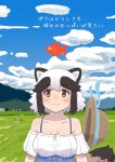  1girl absurdres alternate_costume animal_ears bare_shoulders blue_dress blue_sky blush brown_eyes brown_hair cloud dress fish frilled_sleeves frills goldfish grass hair_between_eyes hat hat_removed headwear_removed highres kemono_friends kumasyan1998 multicolored_hair raccoon_ears raccoon_girl raccoon_tail shirt short_sleeves sidelocks sky solo spaghetti_strap tail tanuki_(kemono_friends) translation_request two-tone_hair white_hair white_shirt 