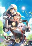  1girl 2boys absurdres armor brown_hair carrying carrying_person closed_mouth fkiwer highres hood multiple_boys nakabayashi_zun open_mouth original piggyback short_hair smile sun upper_body white_hair 