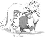  2023 all_fours arcanine arlean_(raster_dreams) belly big_belly black_and_white chest_tuft digital_drawing_(artwork) digital_media_(artwork) ears_up eyes_closed feral generation_1_pokemon hi_res monochrome nintendo pokemon pokemon_(species) raster_dreams scarf simple_background solo tuft 