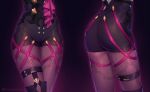  1girl ass ass_visible_through_thighs black_background black_shorts fine_fabric_emphasis glowing gradient_background helloimtea high-waist_shorts highres honkai:_star_rail honkai_(series) kafka_(honkai:_star_rail) lower_body pantyhose pantyhose_under_shorts purple_background purple_outline purple_pantyhose purple_ribbon ribbon shorts skin_tight skindentation solo thigh_gap thigh_strap thighs twitter_username 