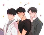  3boys bdsfrom black_eyes black_hair black_shirt book closed_mouth coat collared_coat hand_on_own_chin highres holding holding_book jeong_changin jeong_jaeui jeong_taeui light_blush male_focus military military_uniform multiple_boys passion_(manhwa) scientist shirt short_hair simple_background smile starry_background uniform upper_body v white_background white_coat 