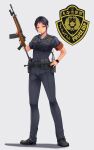  1girl badge belt black_eyes black_hair full_body gun hand_on_own_hip highres holding holding_gun holding_weapon holstered onibi_(foxhound4185) original police police_uniform policewoman rifle ruger_mini-14 short_hair short_sleeves solo standing uniform watch weapon 