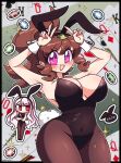  2girls animal_ears arms_up black_leotard breasts brown_hair brown_pantyhose card cleavage covered_navel fake_animal_ears fake_tail hairband highres index_finger_raised large_breasts leaf leaf_on_head leotard littlecloudie medium_hair multiple_girls original pantyhose pink_eyes playboy_bunny playing_card poker_chip rabbit_ears rabbit_tail short_ponytail tail v wrist_cuffs 