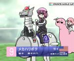  2girls black_gloves black_jacket black_pants blush bocchi_the_rock! closed_mouth english_text fang fang_out geta gloves gotoh_futari gotoh_hitori gotoh_hitori_(tsuchinoko) haribote_elegy helmet horse_racing jacket japan_world_cup long_sleeves motion_lines multiple_girls nervous_sweating pants pink_hair pink_headwear sailor_collar shirt smile sunglasses sweat torako_(toramaru) translation_request white_shirt 