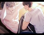  2boys abs blush brown_hair closed_eyes dumbbell exercise highres holding_another&#039;s_leg ilay_riegrow jeong_taeui male_focus multiple_boys nipples o_ssion open_mouth passion_(manhwa) pectorals sit-up smile white_hair yaoi 