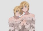  1girl blonde_hair blush collarbone dual_persona fur_sweater green_eyes highres holding_hands idolmaster idolmaster_cinderella_girls interlocked_fingers looking_at_viewer miyamoto_frederica off-shoulder_sweater off_shoulder short_hair simple_background striped striped_sweater sweater upper_body yumi_xsh 