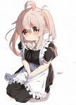  1girl ahoge apron between_legs black_dress black_ribbon blush brown_hair closed_mouth collarbone colored_inner_hair commentary_request detached_collar dress embarrassed frilled_apron frills hair_between_eyes hand_between_legs have_to_pee highres kneeling long_dress long_hair looking_at_viewer maid maid_apron multicolored_hair neck_ribbon nose_blush onii-chan_wa_oshimai! own_hands_together oyama_mahiro pee peeing peeing_self pink_hair puddle puffy_short_sleeves puffy_sleeves raised_eyebrows ribbon seiza short_sleeves sidelocks simple_background sitting solo split_mouth sweat twintails two-tone_hair v_arms white_apron white_background yairo_ju yellow_eyes 