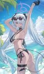  1girl armpits arms_up ass beach bikini black_bikini black_choker black_gloves blue_archive choker dark-skinned_female dark_skin demon_tail echj eyewear_on_head gloves grey_hair hair_over_one_eye halo highleg highleg_bikini highres iori_(blue_archive) iori_(swimsuit)_(blue_archive) long_hair looking_at_viewer multi-strapped_bikini official_alternate_costume pointy_ears side-tie_bikini_bottom string_bikini sunglasses swimsuit tail thigh_strap twintails 