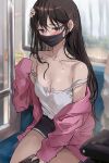  1girl bare_shoulders black_hair black_shorts blurry blurry_background blush breasts cleavage flower hair_flower hair_ornament highres holding holding_phone iseya_chiyori_(saya) jacket jacket_partially_removed jewelry long_hair long_sleeves looking_afar mask mole mole_on_breast mouth_mask necklace original phone pink_jacket purple_eyes saya_(mychristian2) shorts sitting sleeves_past_wrists solo_focus sweat train_interior upper_body 