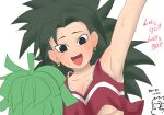  1girl 1other arm_up armpits black_eyes blush breasts caulifla check_commentary cheering cheerleader commentary commentary_request dragon_ball dragon_ball_super earrings english_text eyelashes flying_sweatdrops green_pom_poms grey_hair jewelry kyakyoi long_hair looking_at_viewer medium_breasts open_mouth pom_pom_(cheerleading) simple_background sketch sweat underboob upper_body white_background 