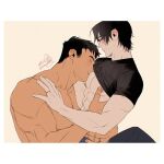  2boys abs artist_name bara bare_pectorals black_hair black_pants black_shirt blush closed_eyes clothes_lift couple jewelry kashikahaya large_pectorals looking_at_another male_focus multiple_boys muscular muscular_male nipples original pants pectorals ring shirt shirt_lift short_hair simple_background topless_male yaoi 