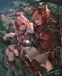  2girls :d animal_ears armor artist_name belt boots borrowed_character braid breasts brown_hair cat_ears cat_tail cleavage cloud commission commissioner_name english_commentary fingerless_gloves frilled_skirt frills gloves highres holding holding_map in_tree knee_boots map mixed-language_commentary mountain multicolored_hair multiple_girls nature open_mouth original outdoors pauldrons pleated_skirt poleyn ryuunosuke_(luckyneco) shoulder_armor signature skeb_commission skirt sky smile tail teeth thighhighs tree twilight twin_braids two-tone_hair white_hair zettai_ryouiki 