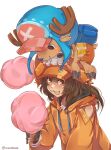  :3 absurdres brown_hair cotton_candy guilty_gear highres hood hoodie may_(guilty_gear) mil17459623 one_piece orange_headwear orange_hoodie tony_tony_chopper 