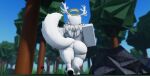  2023 2_horns 3d_(artwork) anthro arctic_wolf big_breasts big_butt breasts butt canid canine canis digital_media_(artwork) female flower fur grass halo hi_res horn low-angle_view mammal nude outside plant rear_view roblox rock sky solo tail thick_thighs tree walking white_body white_ears white_fur white_horn white_tail willie_piv wolf 