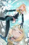  1girl black_choker black_gloves blonde_hair boots choker closed_eyes dress elbow_gloves falling gloves headphones highres kagamine_rin knees_together_feet_apart long_hair mani_(manidrawings) multiple_hairpins nuclear_reactor open_mouth outstretched_arms ribbon roshin_yuukai_(vocaloid) shiny_clothes solo spread_arms thigh_boots vocaloid white_ribbon yellow_ribbon 