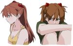  blue_eyes blush breasts cleavage closed_mouth commentary dress expressionless hair_between_eyes hair_ornament hajikkoneko highres neon_genesis_evangelion orange_hair simple_background souryuu_asuka_langley symbol-only_commentary variations white_background yellow_dress 