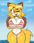  2023 absurd_res anthro beach big_breasts bikini blue_sky bottomwear breasts buxy canid canine clothed clothing cloud day digital_drawing_(artwork) digital_media_(artwork) female fox foxy-rena fur hair hi_res looking_at_viewer mammal navel one_eye_closed open_mouth outside pattern_bikini pattern_clothing pattern_swimwear red_bikini red_clothing red_swimwear seaside simple_background sky smile solo striped_bikini striped_clothing striped_swimwear stripes swimwear tail thick_thighs topwear wink winking_at_viewer 