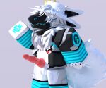  3d_(artwork) absurd_res anthro armwear backpack bad_dragon bell black_body black_fur blender_(software) blender_cycles blue_clothing clothing collar crotch_tuft crown digital_media_(artwork) ears_back floo fluffy fluffy_ears fluffy_tail fox_tail fur genitals hair happy hat headgear headwear hi_res knot legwear machine male neck_tuft paws penis pivoted_ears pose protogen protogen_visor punk reflection ring rixtys_(floo) roblox shaded solo sticker tail tuft visor warmers white_body white_fur white_hair 