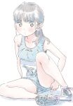  1girl adjusting_buruma adjusting_clothes blue_buruma blue_footwear blue_shirt blush brown_eyes brown_hair buruma highres long_hair looking_at_viewer original ponytail poranka_(porankaran) shirt shoes sitting sketch solo sports_bikini thighs 